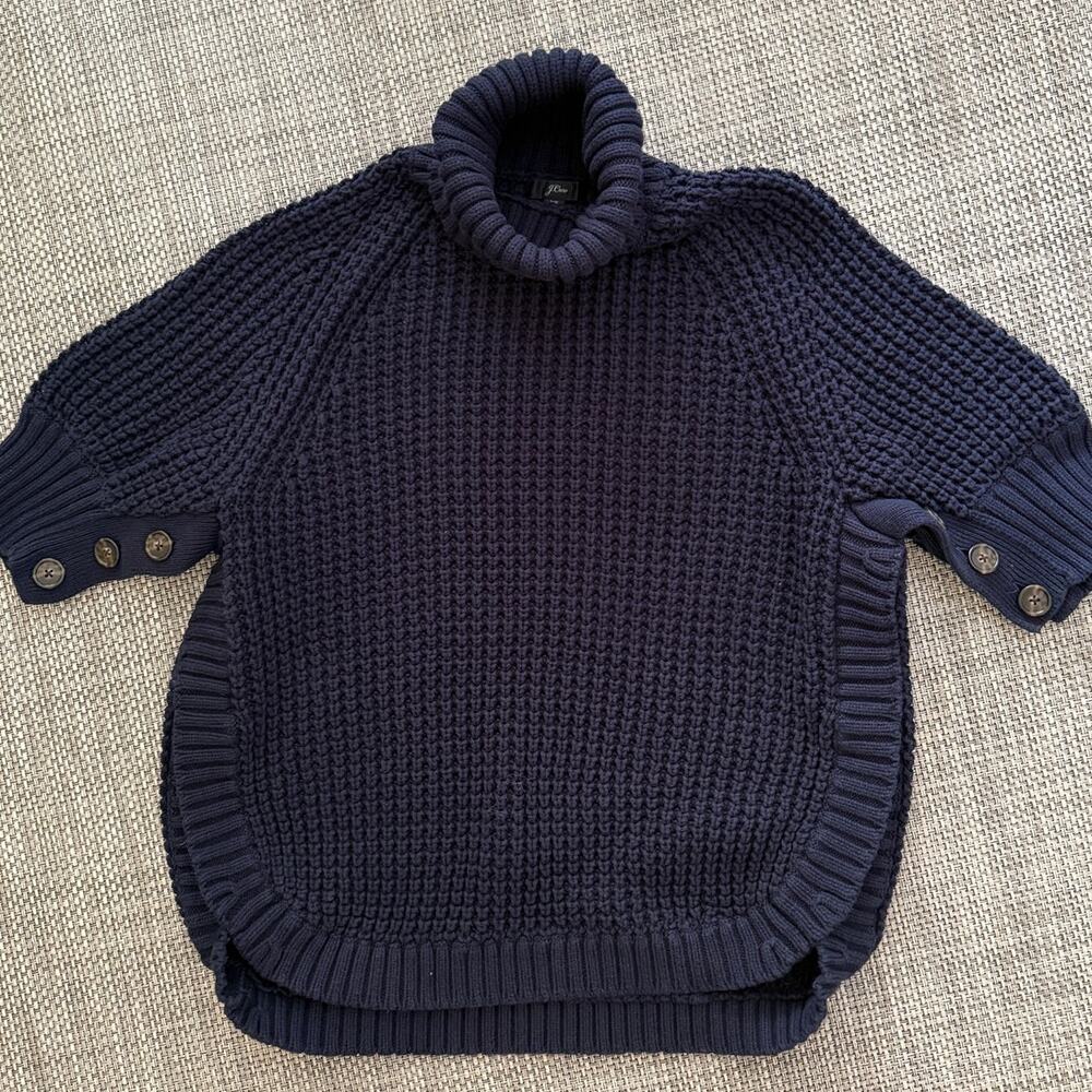 J CREW Turtleneck Cotton/Merino Wool Slouchy Short Sleeve Poncho Sweater Blue XS